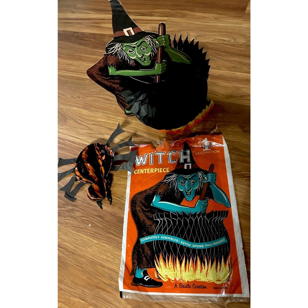 Vintage Beistle Halloween Witch + Spider Centerpiece Honeycomb Kettle Decor